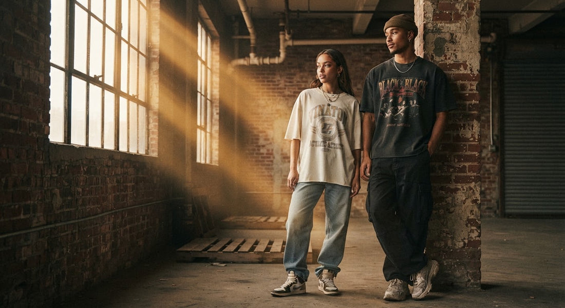 Two models wearing graphic tees in golden light