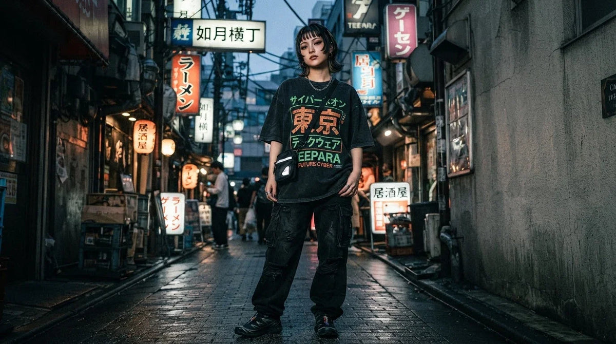 Model wearing an oversized black graphic tee at dusk